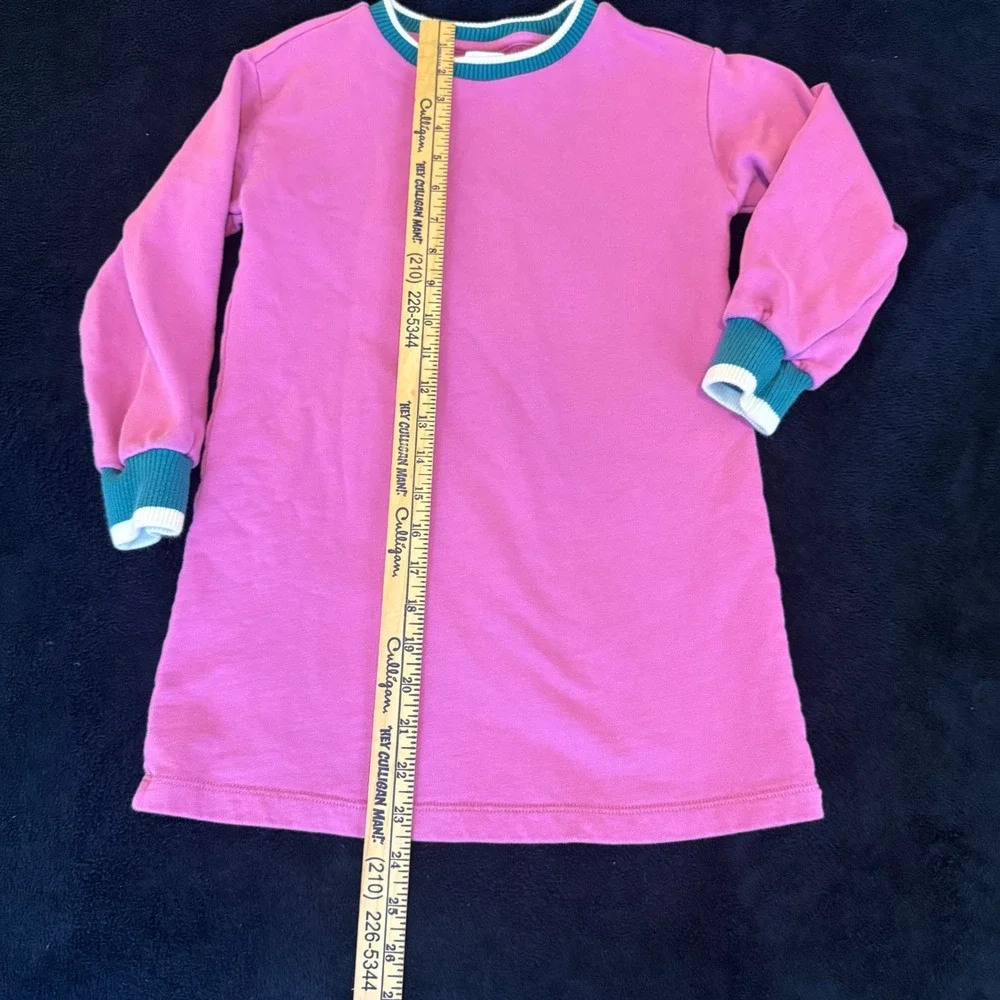 Hanna Andersson Girls Pink French Terry Sweatshirt Dress Teal Ribbed Trim120 6-7